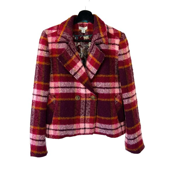 Sundance Red Purple Plaid Wool Blend Double Breasted Single Button Jacket XS